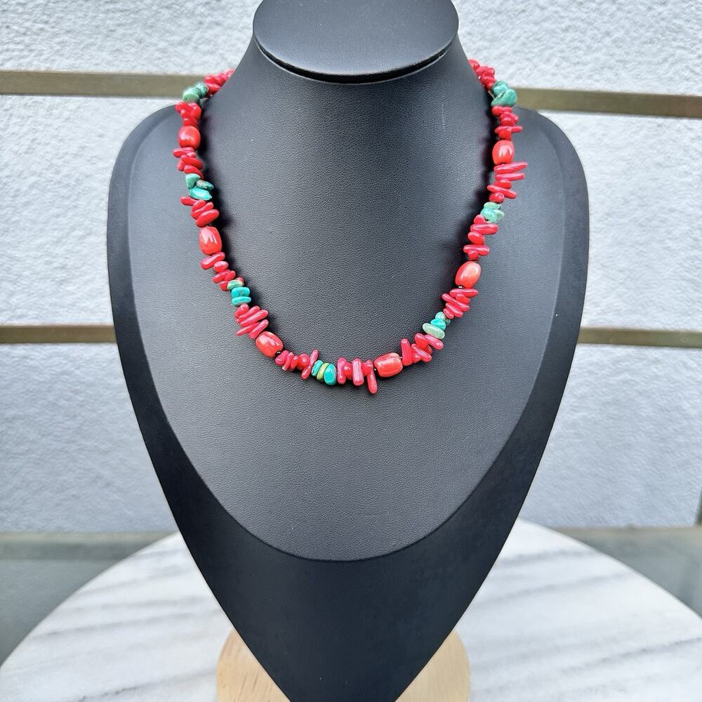 Turquoise Coral Necklace Southwest Style Strand Sterling 925 Clasp 16.5”